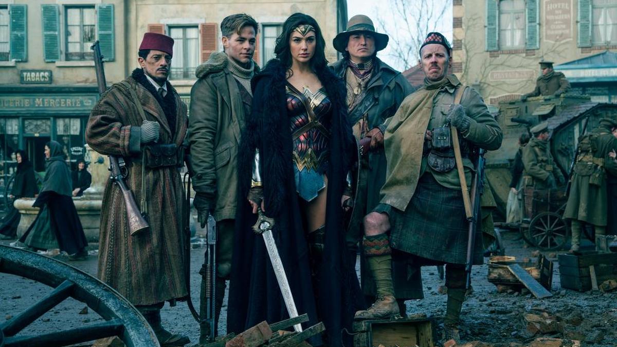 Gal Gadot, center, stars as “Wonder Woman,” opening June 2.