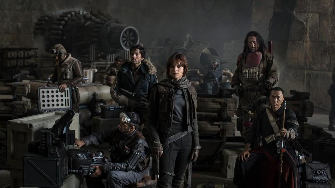 From left, Riz Ahmed, Diego Luna, Felicity Jones, Jiang Wen and Donnie Yen star in “Rogue One: A Star Wars Story.”