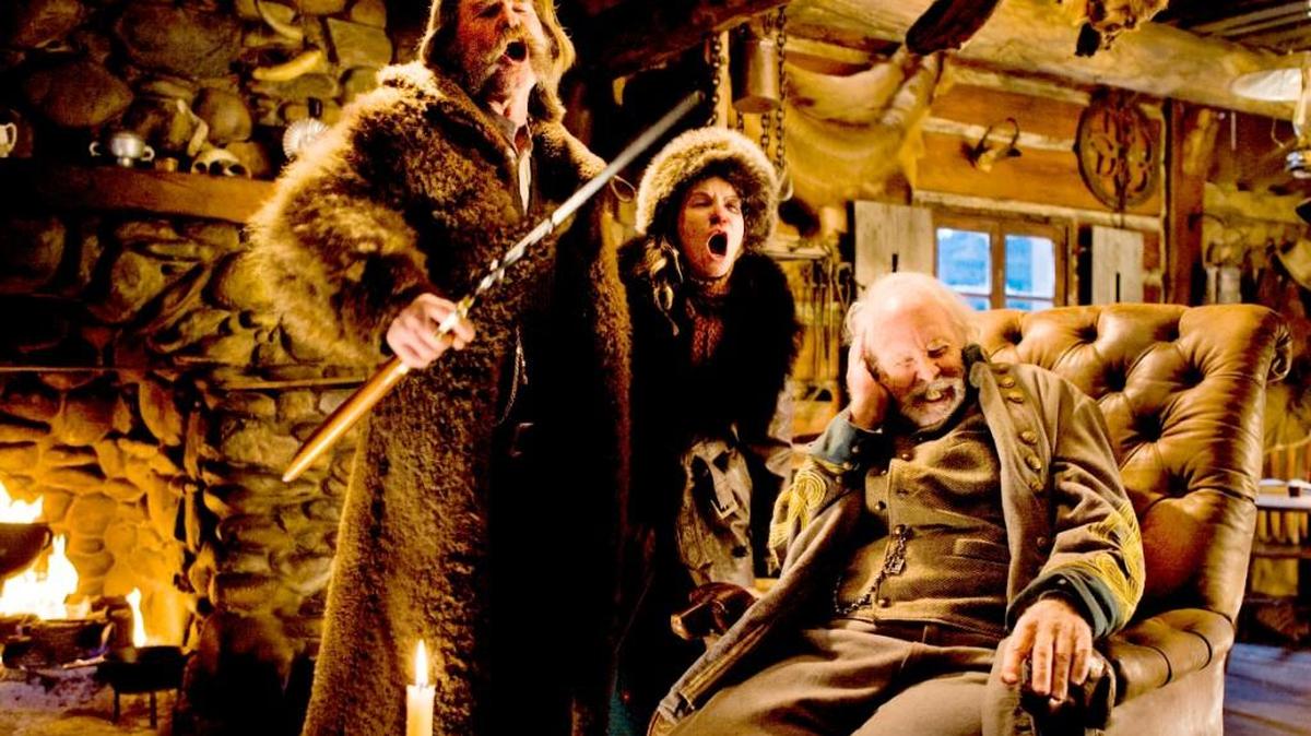From left, Jurt Russell, Jennifer Jason Leigh and Bruce Dern star in “The Hateful Eight.”
