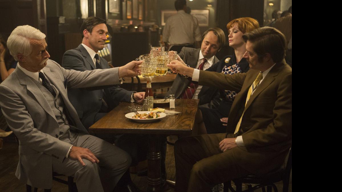
The critically acclaimed “Mad Men” stars, from left, John Slattery as Roger Sterling, Jon Hamm as Don Draper, Vincent Kartheiser as Pete Campbell, Christina Hendricks as Joan Harris and Kevin Rahm as Ted Chaough. The series finale airs Sunday. 
