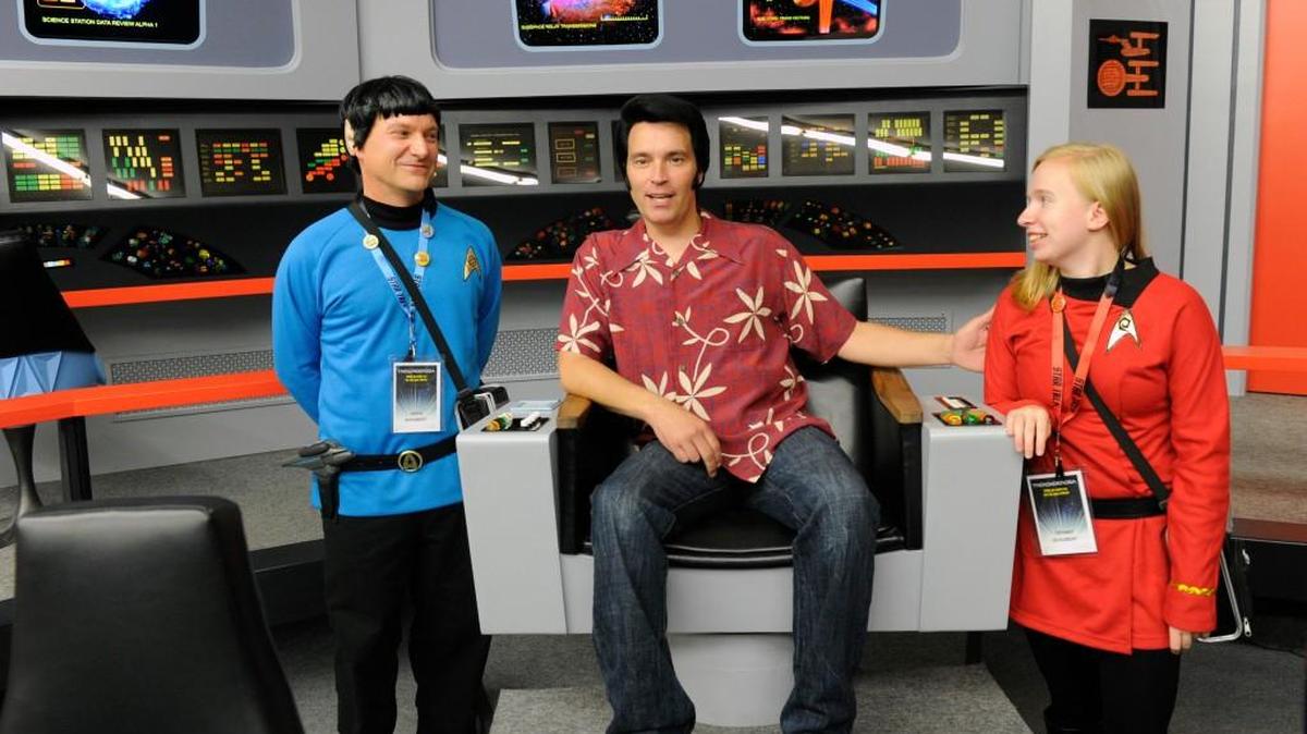 Keith Schubert, left, of Peru, N.Y., dressed as Star Trek’s Mr. Spock, and his daughter Tiffany Schubert talk with James Cawley during a tour of Cawley’s replica of the Starship Enterprise from the original “Star Trek” series in Ticonderoga, N.Y.