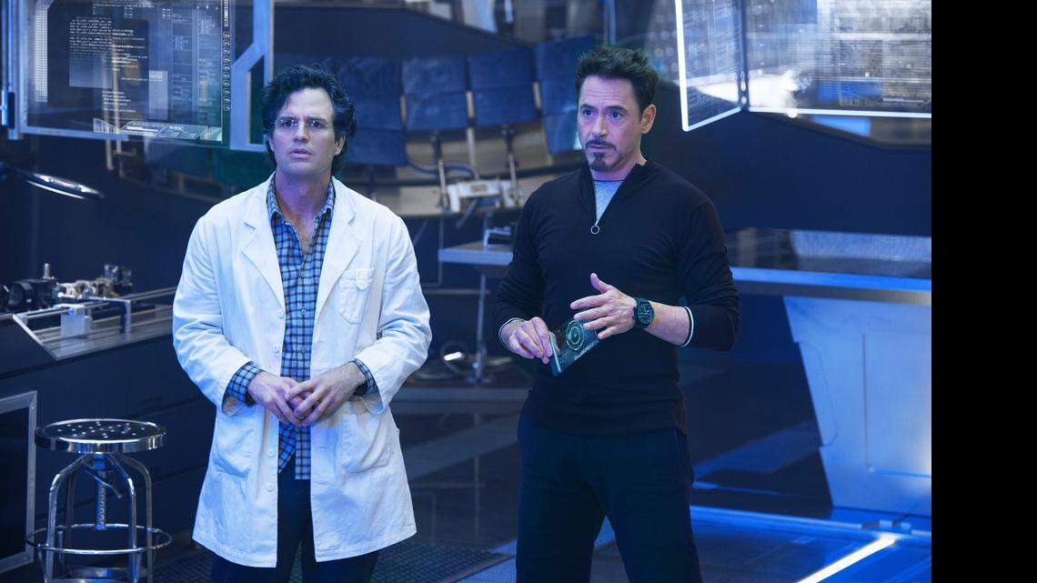 
Bruce Banner (Mark Ruffalo, left) and Tony Stark (Robert Downey Jr.) discuss a plan in “Avengers: Age of Ultron.”

