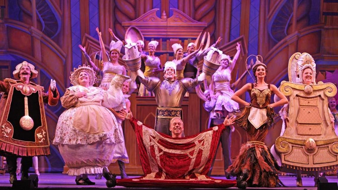 Enchanted objects long to be “Human Again” in MTWichita’s production of “Disney’s Beauty and the Beast.” From left: Cogsworth (James Beaman), Mrs. Potts (Katie Banks-Todd), Doormat (Matthew Davies), Lumiere (Steve Hitchcock), Babette (Lexis Danca) and Madame de la Grande Bouche (Karen Robu).