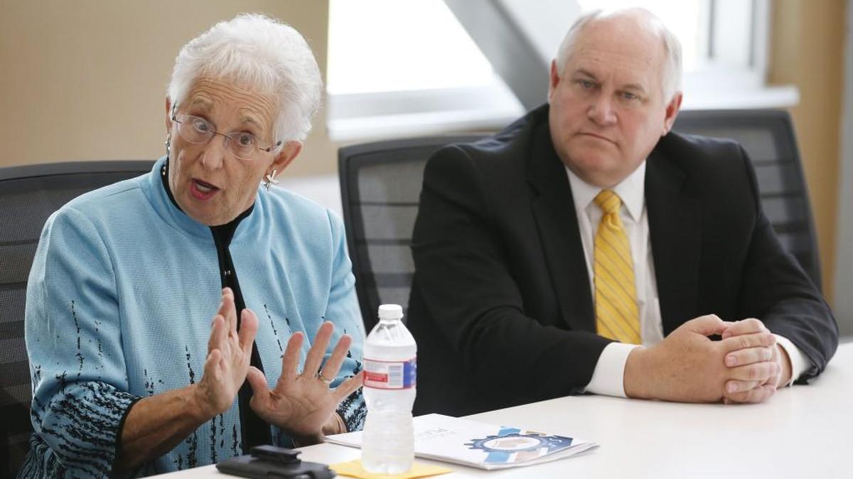 U.S. Rep. Virginia Foxx, R-North Carolina, U.S. Rep. Ron Estes of Wichita answer questions before a tour of the WSU Innovation Campus on Monday afternoon. (August 14, 2017)