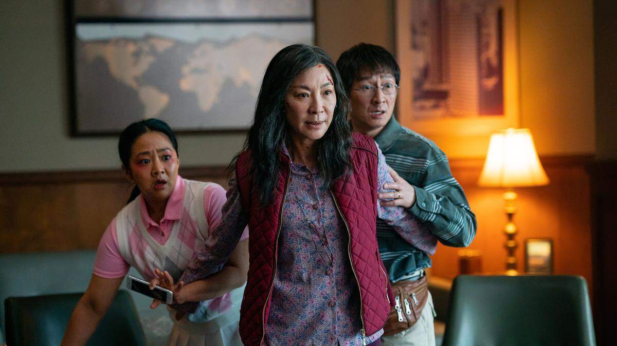 From left, Stephanie Hsu, Michelle Yeoh and Ke Huy Quan in “Everything Everywhere All at Once.”