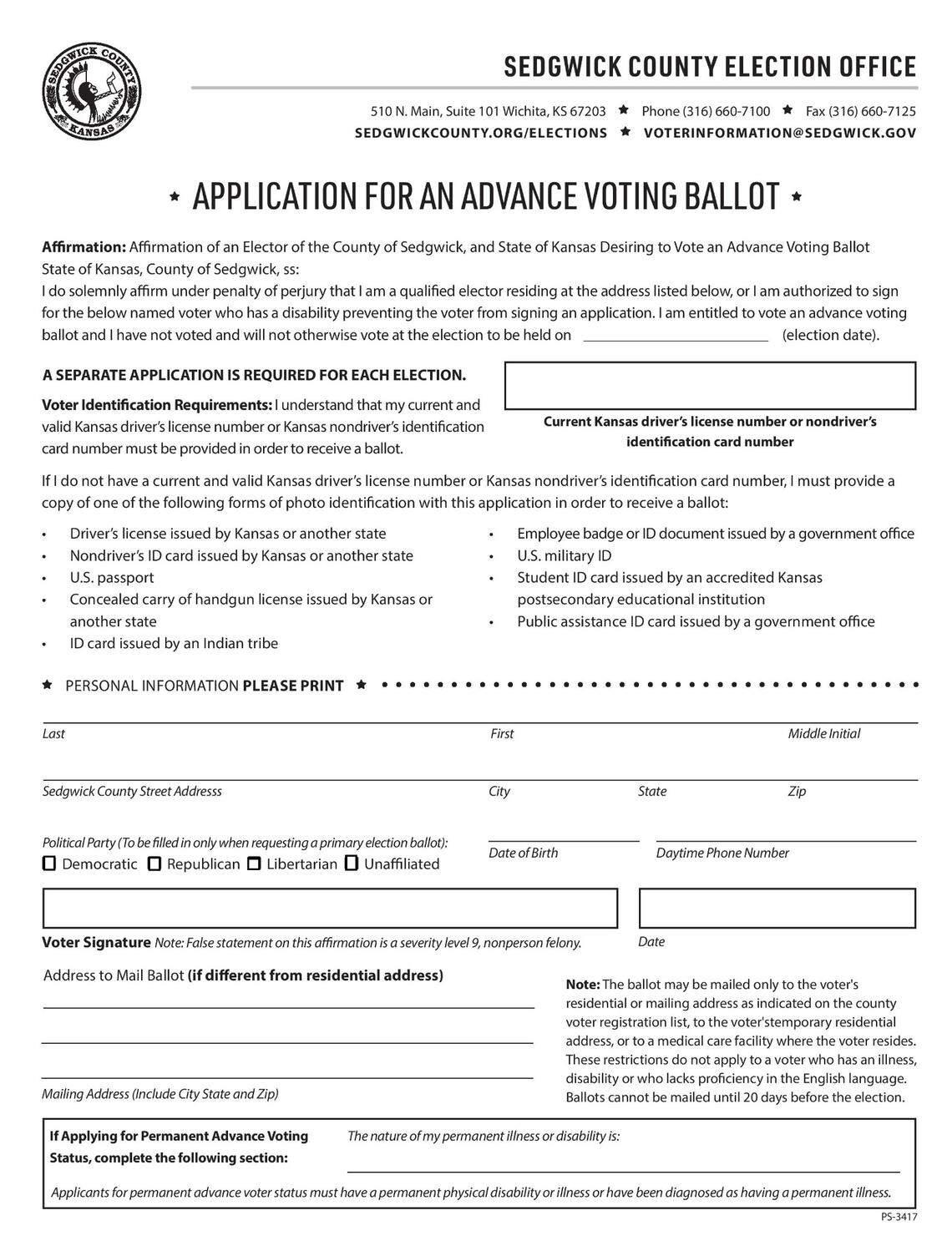 Sedgwick County won’t be sending you this. So clip this one out and send it in to get an advance ballot for the Nov. 7 election.