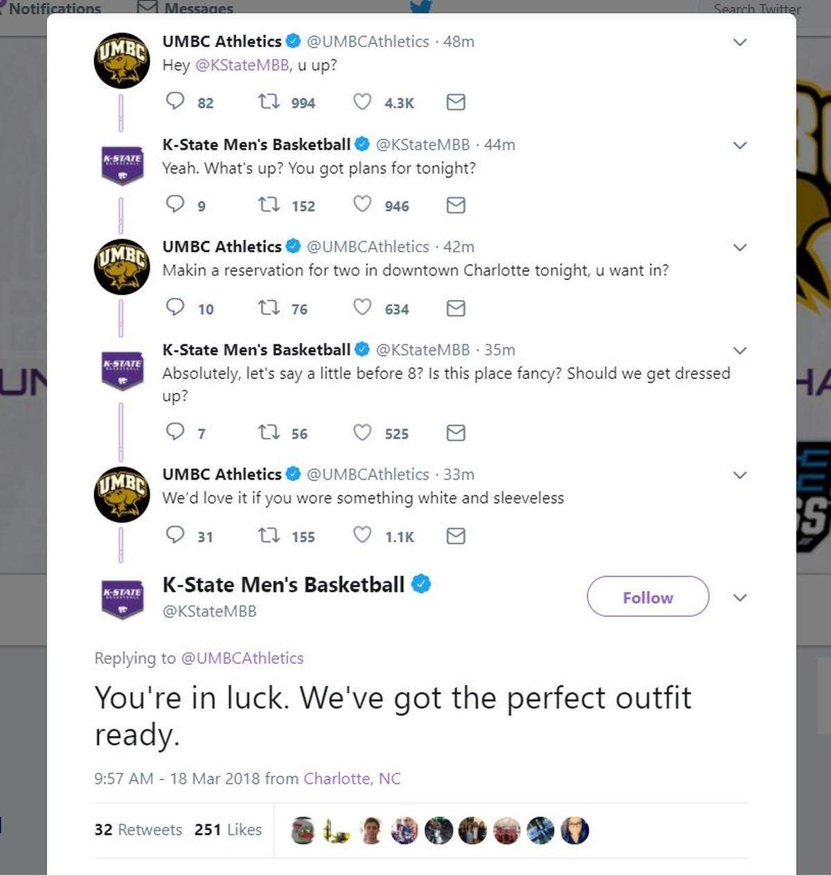 The K-State Wildcats and UMBC Retrievers will meet a little before 8 p.m. tonight in Charlotte, N.C. That's eastern time, of course.