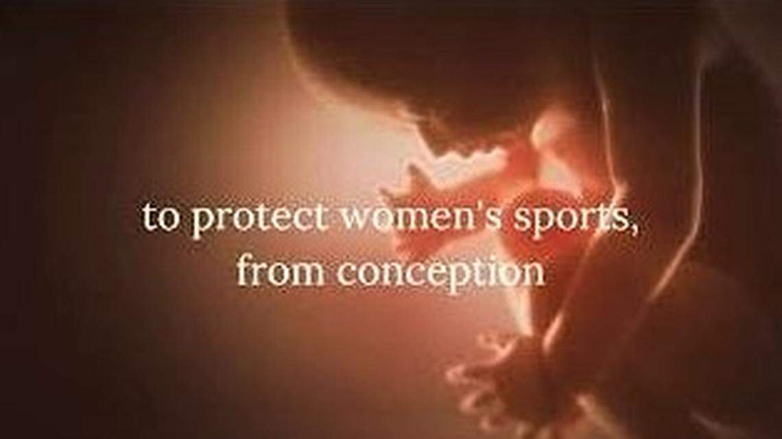 This screen capture is from gubernatorial candidate Dennis Pyle’s ad linking his opposition to abortion rights with his opposition to transgender athletes in girls’ and womens’ sports.
