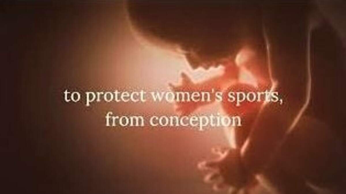 This screen capture is from gubernatorial candidate Dennis Pyle’s ad linking his opposition to abortion rights with his opposition to transgender athletes in girls’ and womens’ sports.