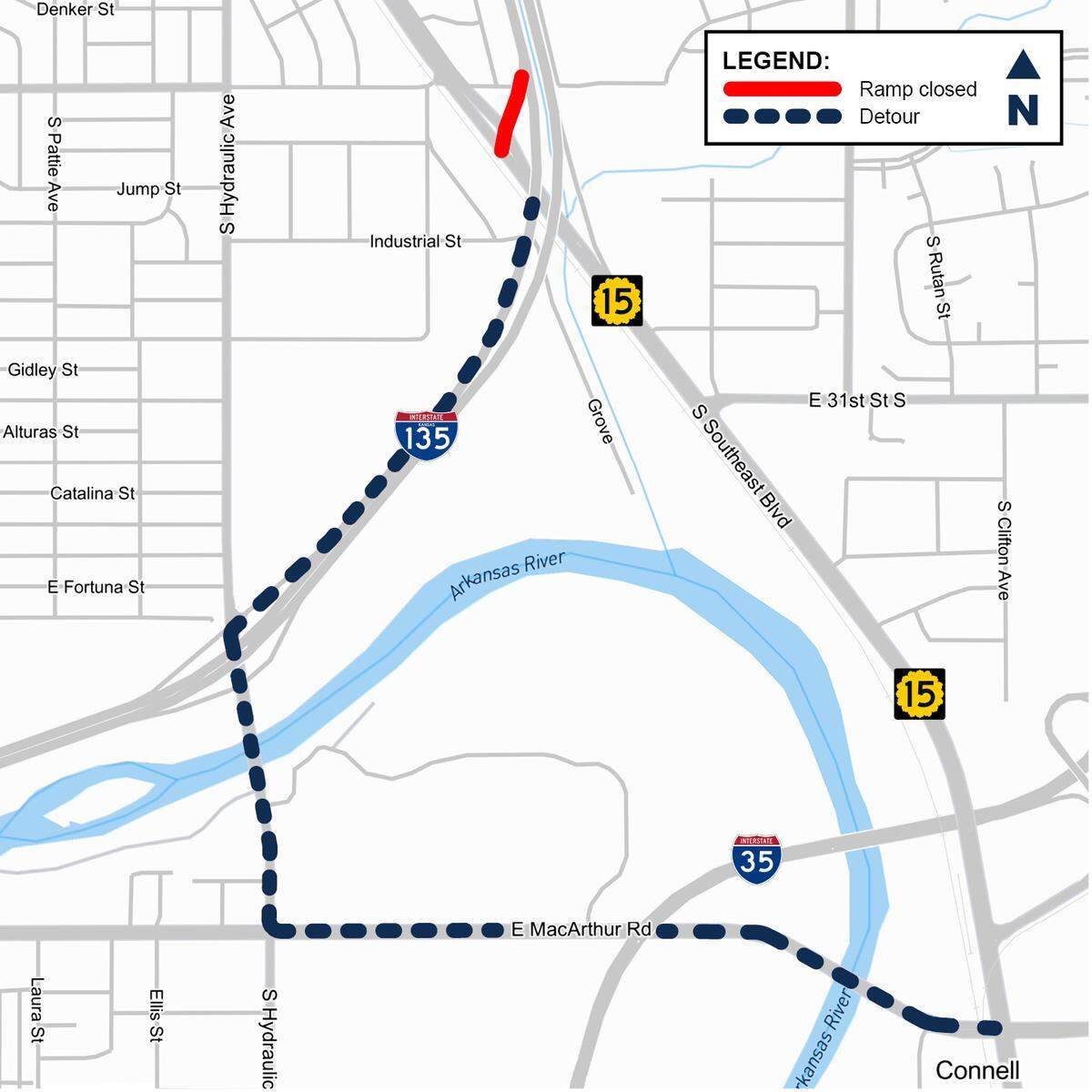 The southbound K-15 bridge over the Wichita drainage canal, highlighted in red, will close Monday for more than a year for reconstruction. The dotted line is the detour residents can take for the duration of the project.