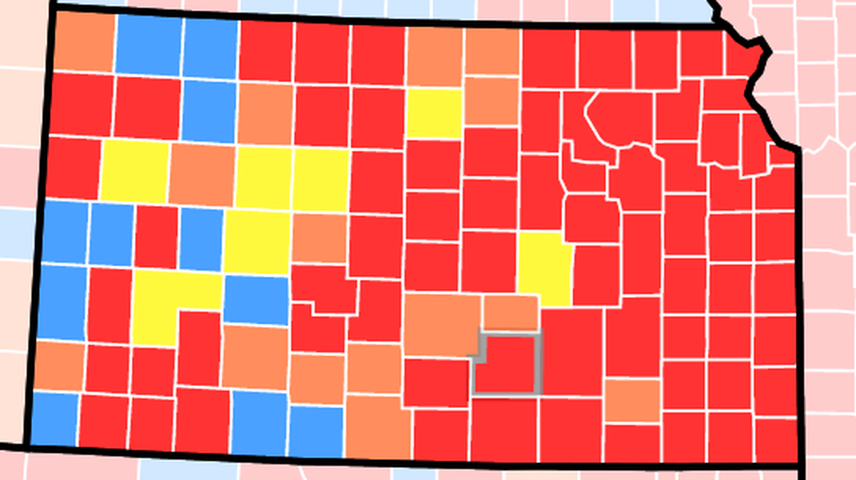 Kansas counties in red and orange have high and substantial transmission of COVID-19. Starting Monday, counties with high and substantial transmission will require state employees and visitors to state buildings to wear a mask.