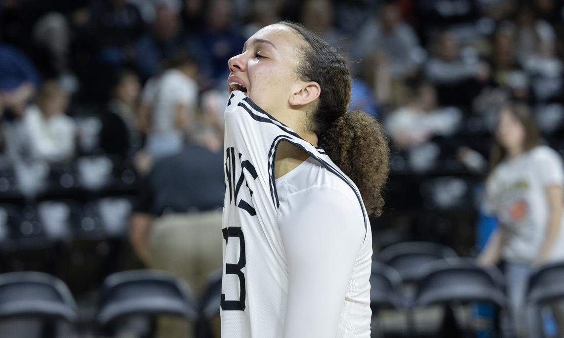 Maize South’s Jaela Thompson couldn’t hold back her emotions after the Mavericks lost to St. James Academy in their 5A quarter final game at Koch Arena on Wednesday.
