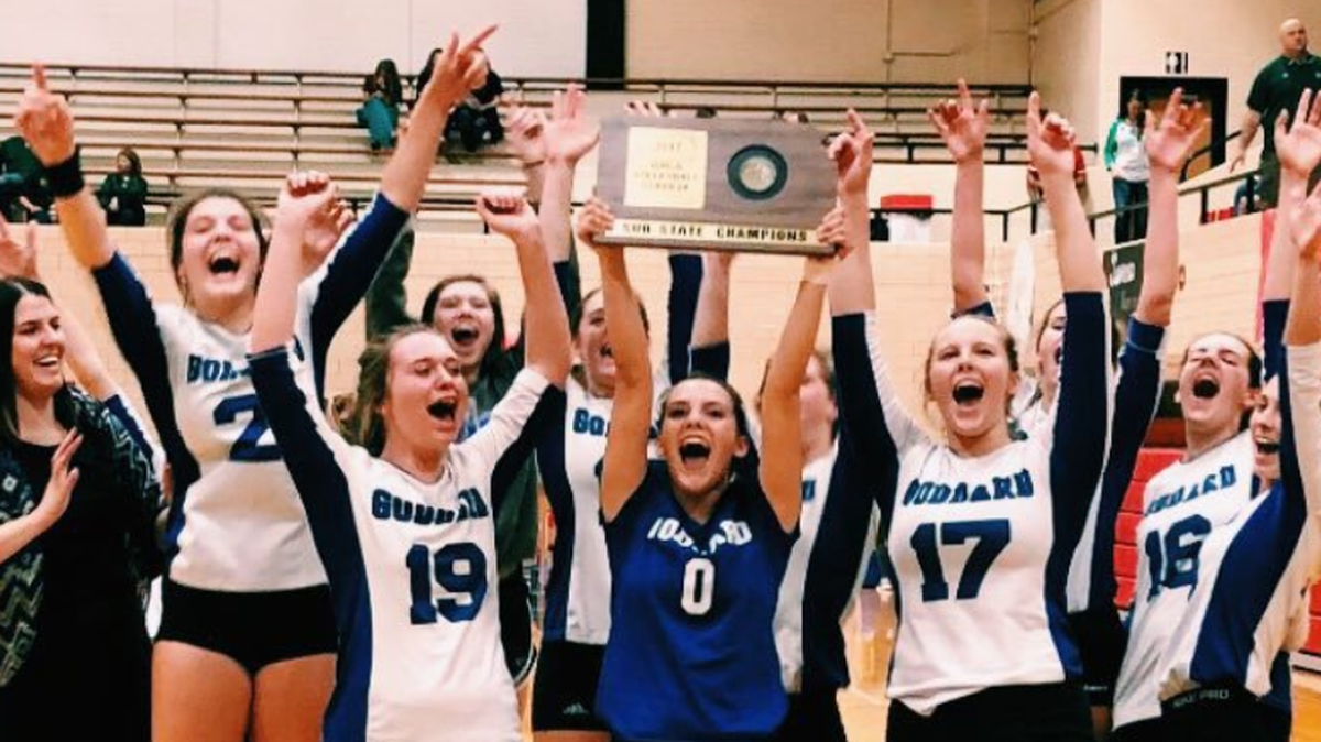 Goddard volleyball celebrates its sub-state championship in 2017.
