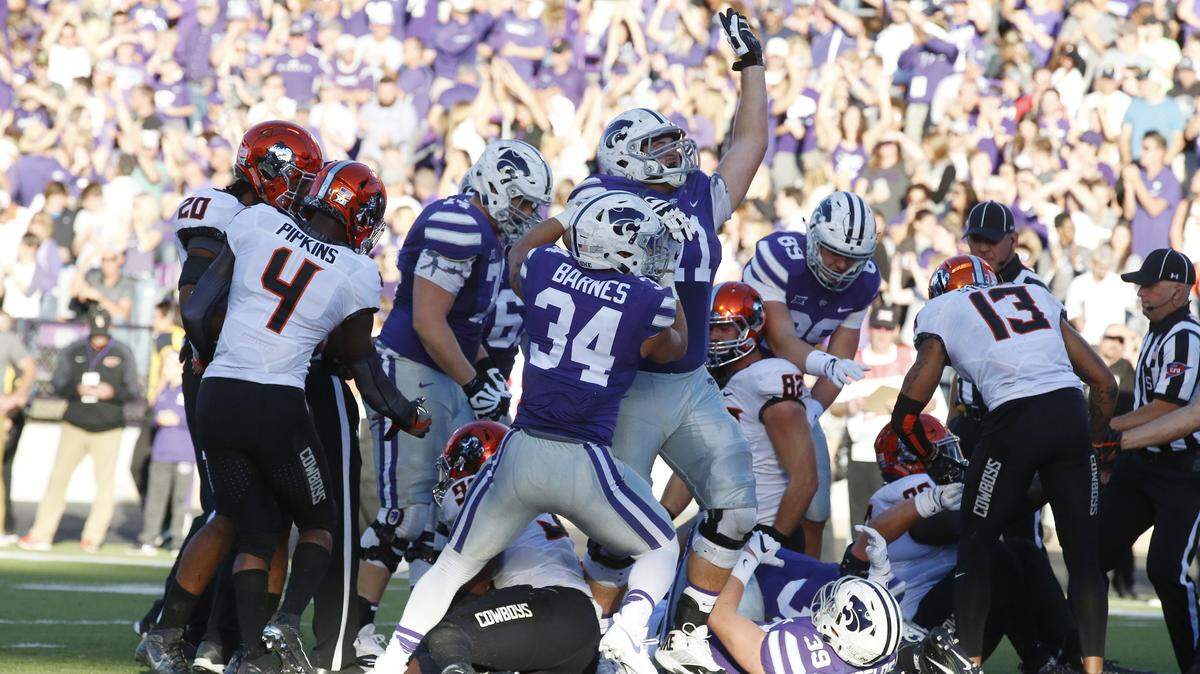 K-State players celebrate a touchdown against Oklahoma State. (November 5, 2016)