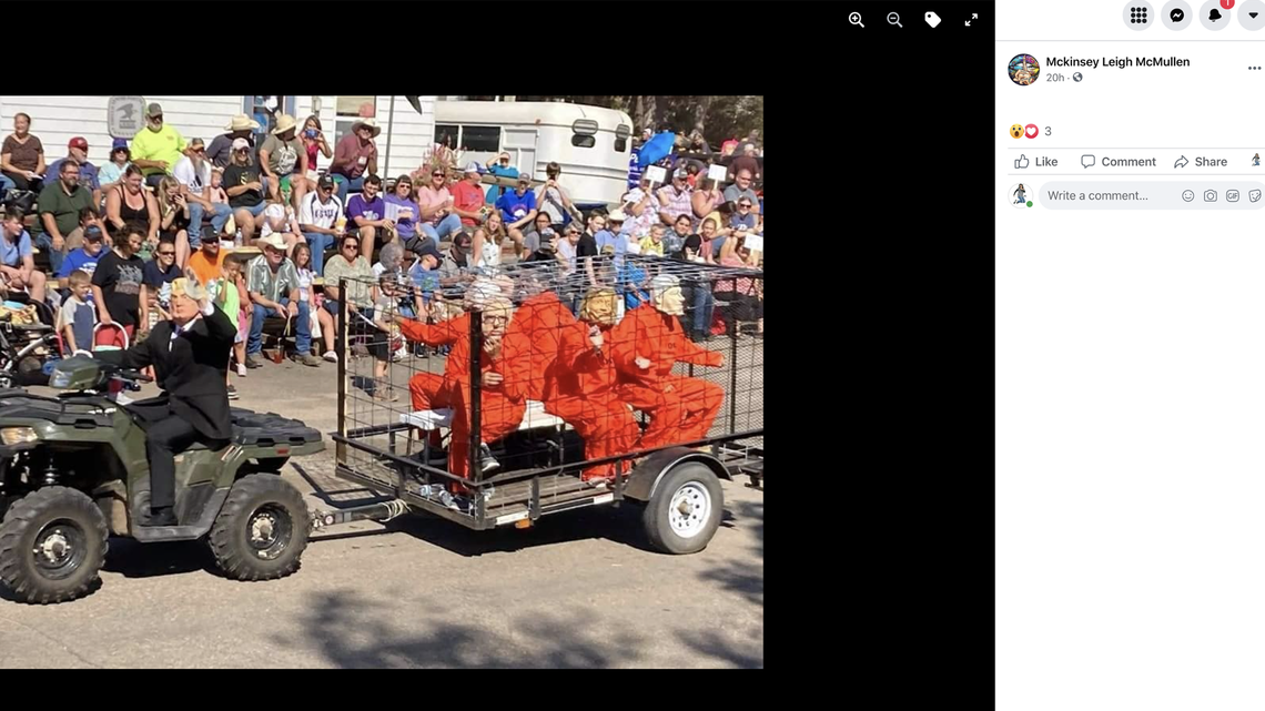 Mckinsey McMullen of Wichita said she was appalled when she saw this photo of the Amish heritage parade in Yoder posted on social media. The masked person towing the cage represents Donald Trump and the masked individuals in the cage represent Joe Biden, Barack Obama, Bill and Hillary Clinton and Bernie Sanders. McMullen posted it on her Facebook page and it’s since been disavowed by parade organizers and the restaurant that initially posted it amid other parade photos.