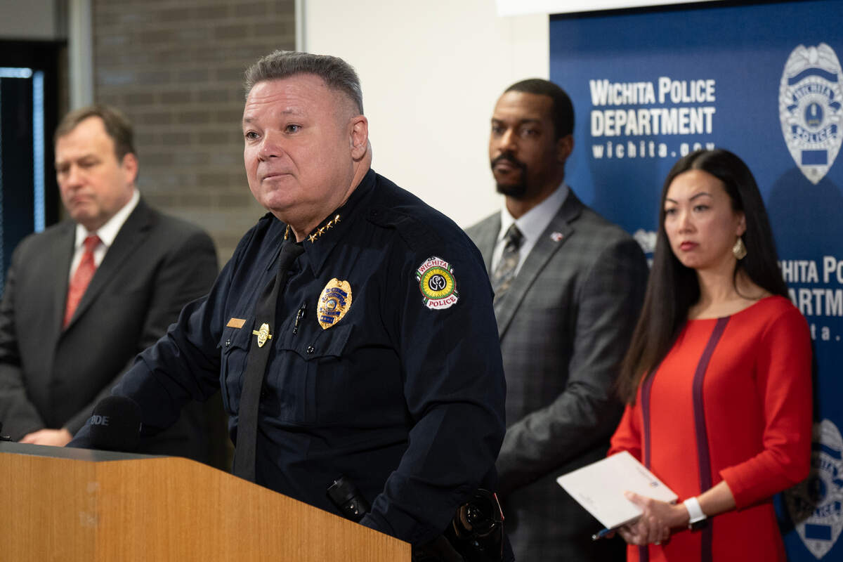 Wichita Police Chief Joe Sullivan speaks at a press conference. Wu and the rest of the City Council delivered on increased wages for police officers in 2024, making the Wichita department the highest paid in the state.