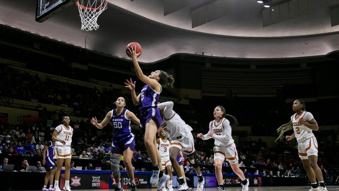 Kansas State’s Brylee Glenn goes up for a shot during the Wildcats’ 72-65 loss in the Big 12 Tournament quarterfinals to the Texas Longhorns on March 11, 2022 at Municipal Auditorium in Kansas City.