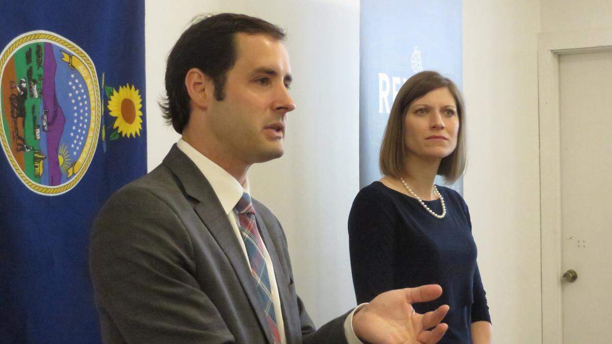 Josh Svaty answers questions from voters during a campaign appearance in Wichita with running mate Katrina Lewiston.