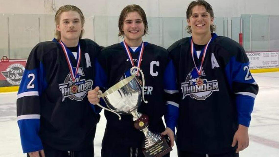 Local high schoolers Carson Dutcher (left), Griffin Barker (middle) and Easton Norris (right) helped lead the Wichita Thunder junior hockey team to a league championship this week.
