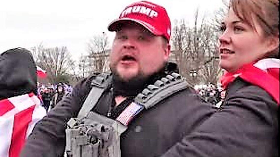 A person alleged to be Michael Eckerman of Wichita and an unidentified woman are shown in this photo outside the nation’s Capitol on Jan. 6. Eckerman is charged with assaulting a federal police officer and other crimes in connection with the invasion of the Capitol that day.