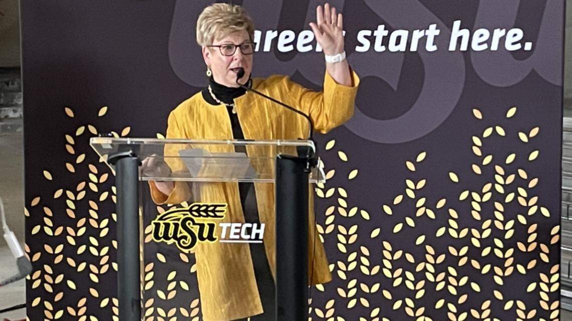 WSU Tech President Sheree Utash speaks at the Aug. 11 event announcing plans for a new National Institute for Culinary and Hospitality Education downtown in the historic Henry’s building.