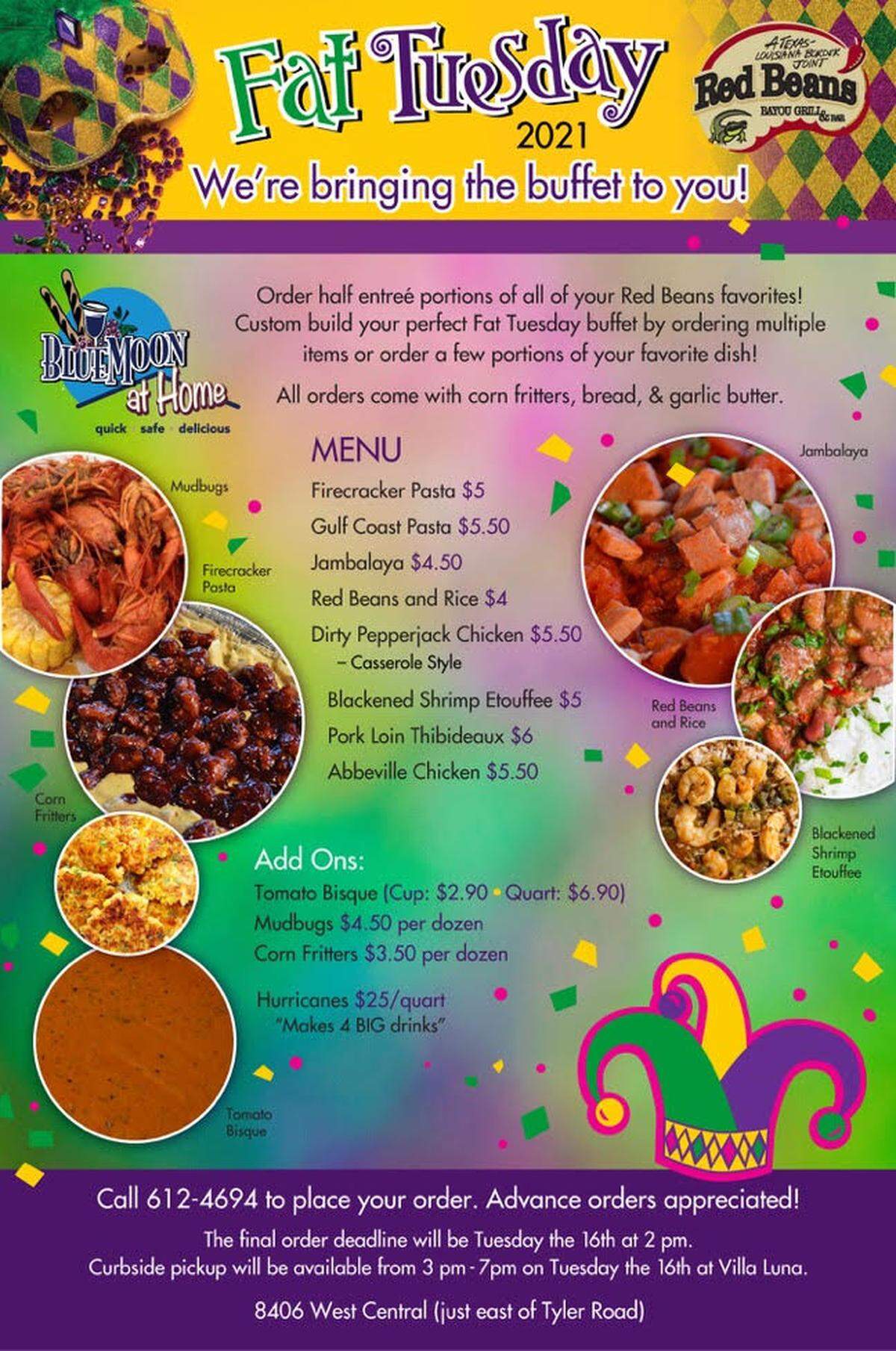 Blue Moon Catering’s Red Bean’s Fat Tuesday menu
