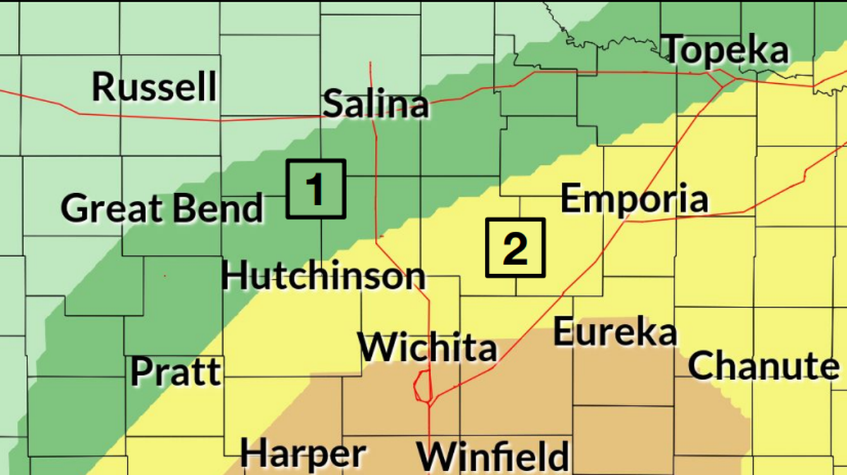 The National Weather Service provided this graphic to show the severe weather expected to affect parts of central, south central and southeast Kansas on April 1. Orange areas represent a Level 3 risk in a five-tier system, while yellow indicates a Level 2 risk and green a Level 1 risk.