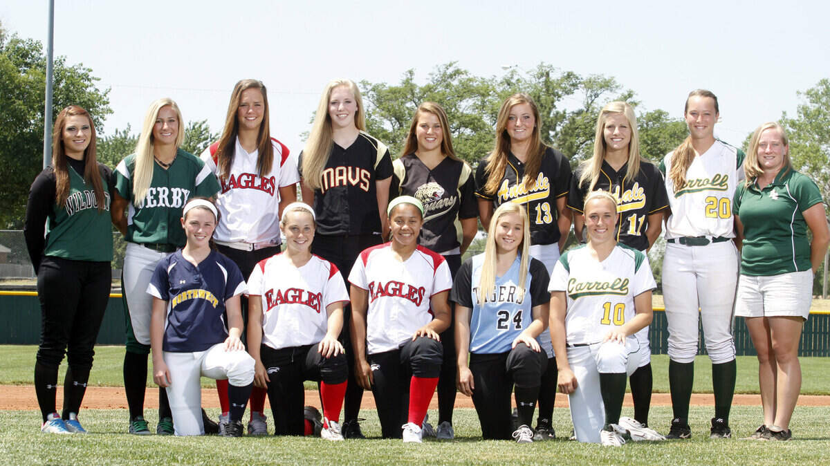 All-metro softball. Front row: Kaci Copeland, Northwest, Emily Griggs, Maize, Kelsey Stewart, Maize, Kayla Valentine, Goddard Eisenhower, Hunter Hogan, Carroll. Back row: Taylor Hatfield, Mulvane, Kennedy Long, Derby, Kate James, Maize, Jody Larson, Maize South, Megan Sorlie, Andover Central, Kelsey Harlow, Andale, Sydnee Eck, Andale, Jessie Haffner, Carroll, Angie Dal Pozzo, Carroll. (May 29, 2012)