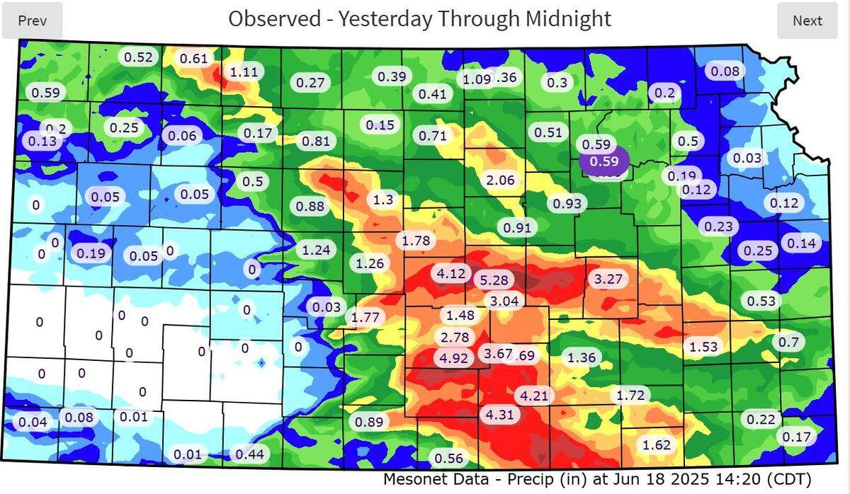 A look at Tuesday’s rainfall totals around Kansas.