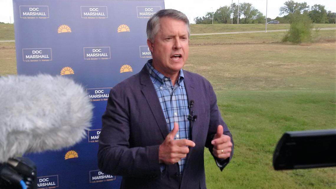 Sen. Roger Marshall answers questions from the media after meeting with aircraft union leaders concerned about a national vaccine mandate.