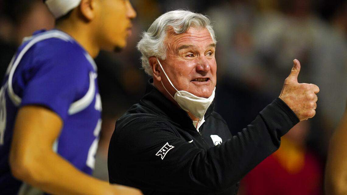 Kansas State head coach Bruce Weber reacts to his team before an NCAA college basketball game against Iowa State, Saturday, Feb. 12, 2022, in Ames, Iowa. Kansas State won 75-69 in overtime. (AP Photo/Charlie Neibergall)