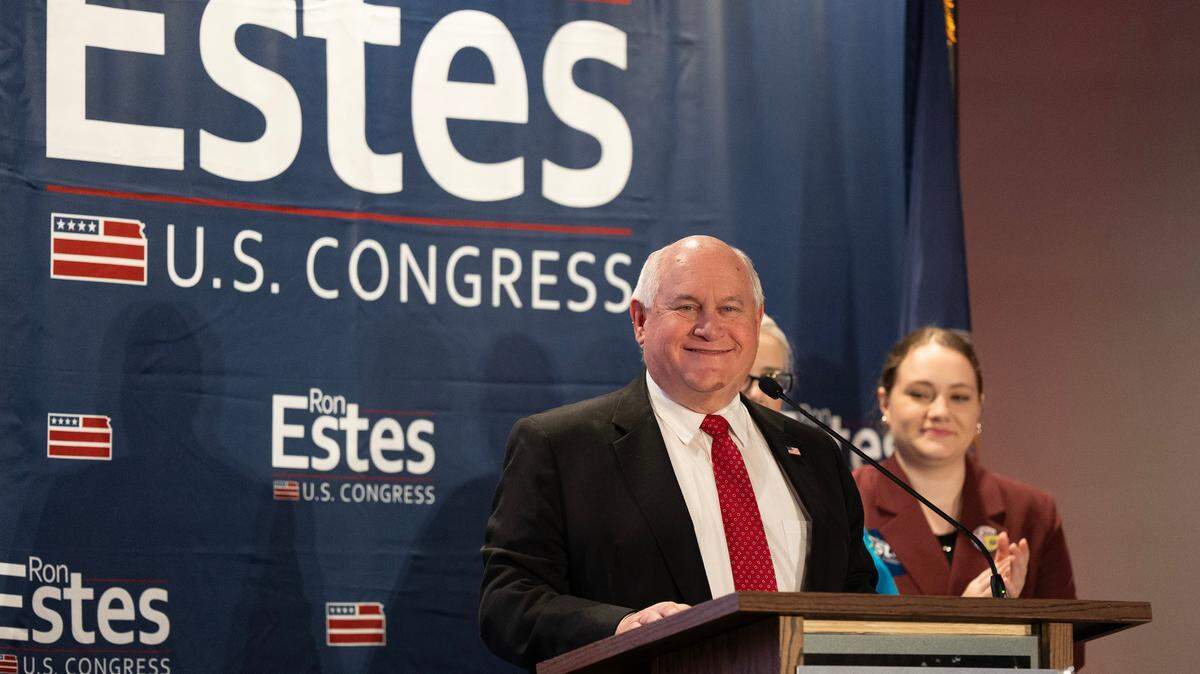 Rep. Ron Estes addresses the crowd gathered at the Cozine Life Events Center in Wichita on election night, Nov. 5, 2024. Estes won re-election to the U.S. congressional seat in District 4.