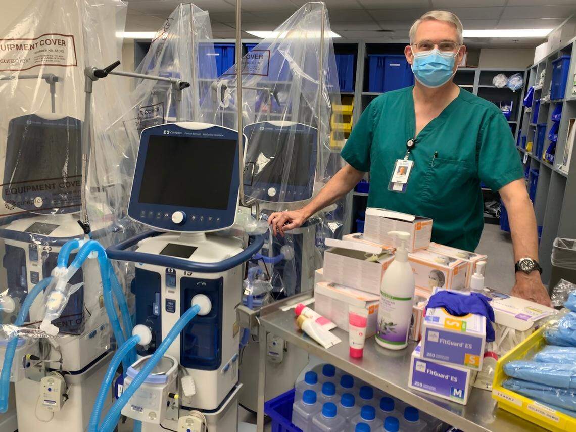 Don Carden, director of respiratory care at Ascension Via Christi Wichita, with ventilators.