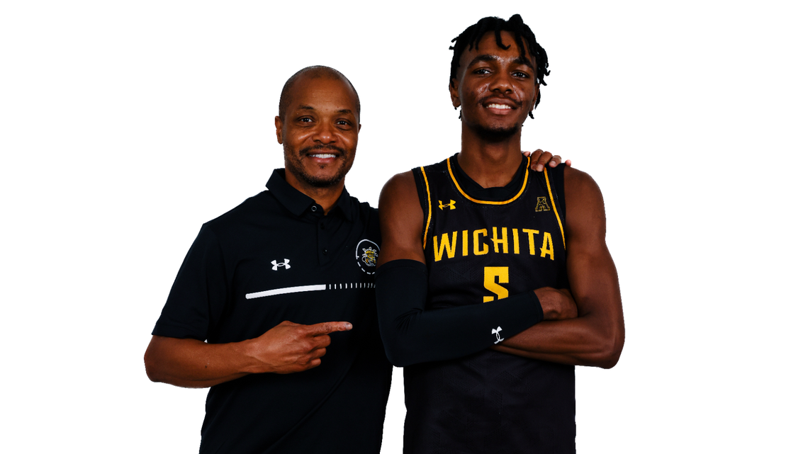Wichita State basketball coach Isaac Brown (left) and recruit Makhi Myles (right) pose for a picture during the Mississippi native’s official visit this past weekend.