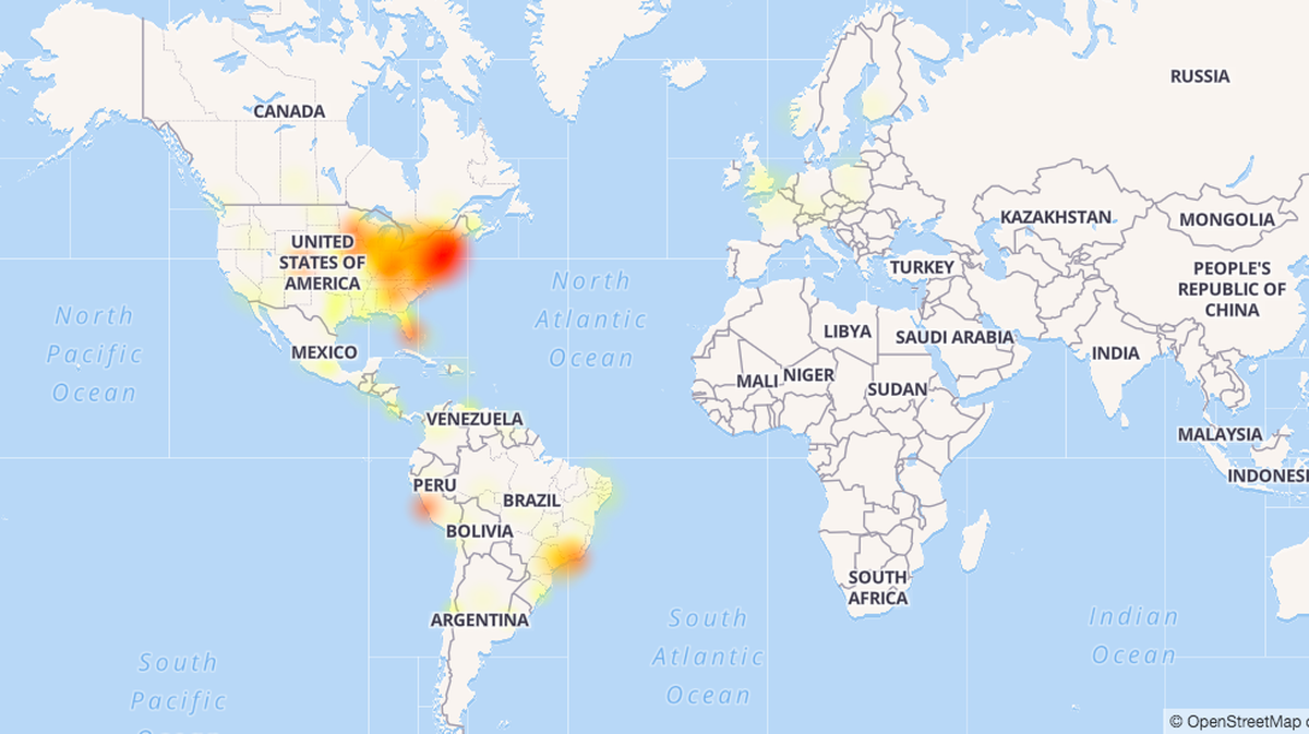 The outage map from DownDetector showed reported problems across the world, with most centered in the northeastern U.S.