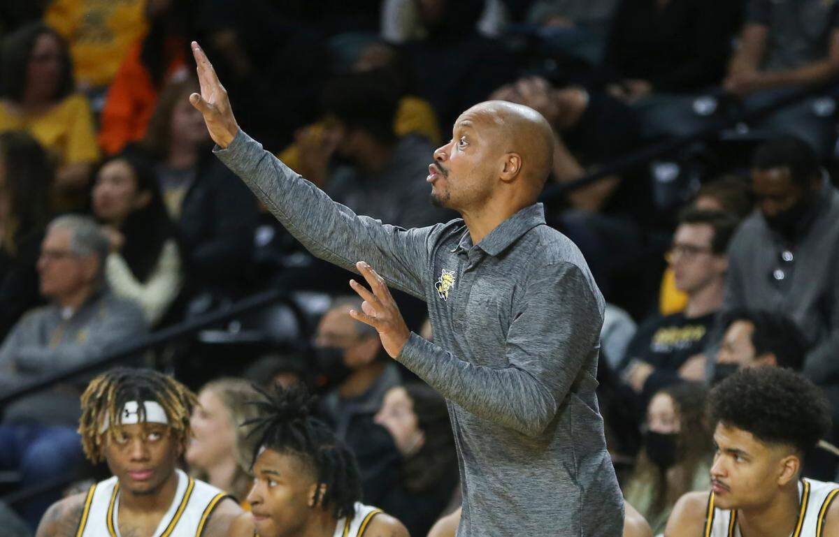 Wichita State coach Isaac Brown yells instructions to his team late in the second half against South Alabama.