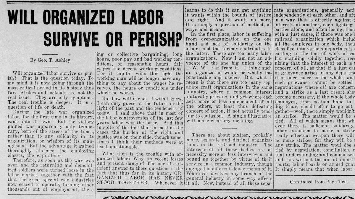 George T. Ashley posed a question to Wichita union members in the Aug. 25, 1922 issue of the Plaindealer: Will organized labor survive or perish? That question still lingers in Wichita’s president-day labor community as workers grapple with the coronavirus pandemic and subsequent recession.