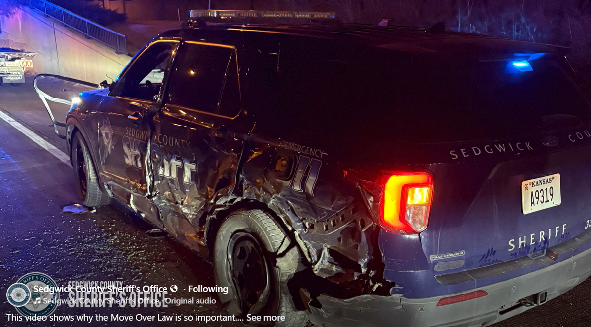 The Sedgwick County Sheriff’s Office posted a video asking motorists to adhere to Kansas’ “Move Over” driving law after a patrol vehicle was struck by a semi during a traffic stop.