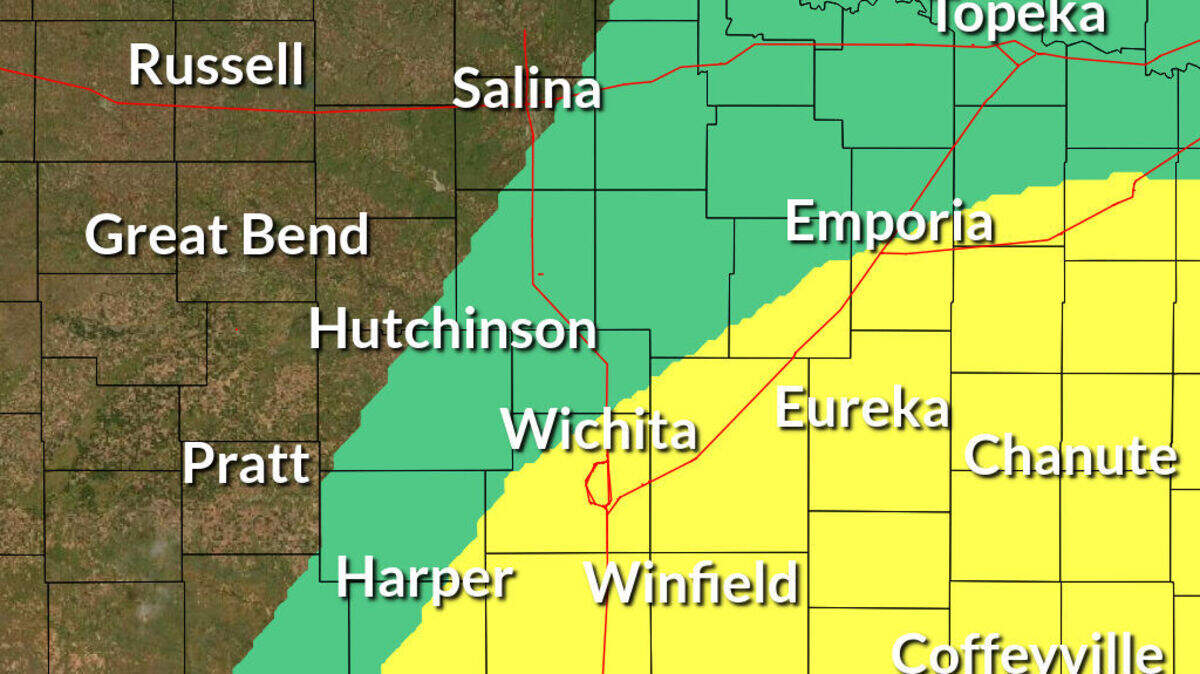 The National Weather Service Wichita provided this graphic ahead of Tuesday’s tornado watch. The areas in yellow indicate areas with a slight risk of tornadoes, while green areas have a marginal tornado risk.