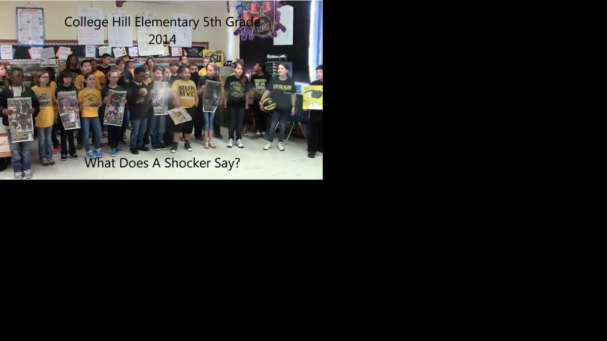 A screenshot of the video of the College Hill Elementary School’s fifth grade class performing “What Does a Shocker Say?”