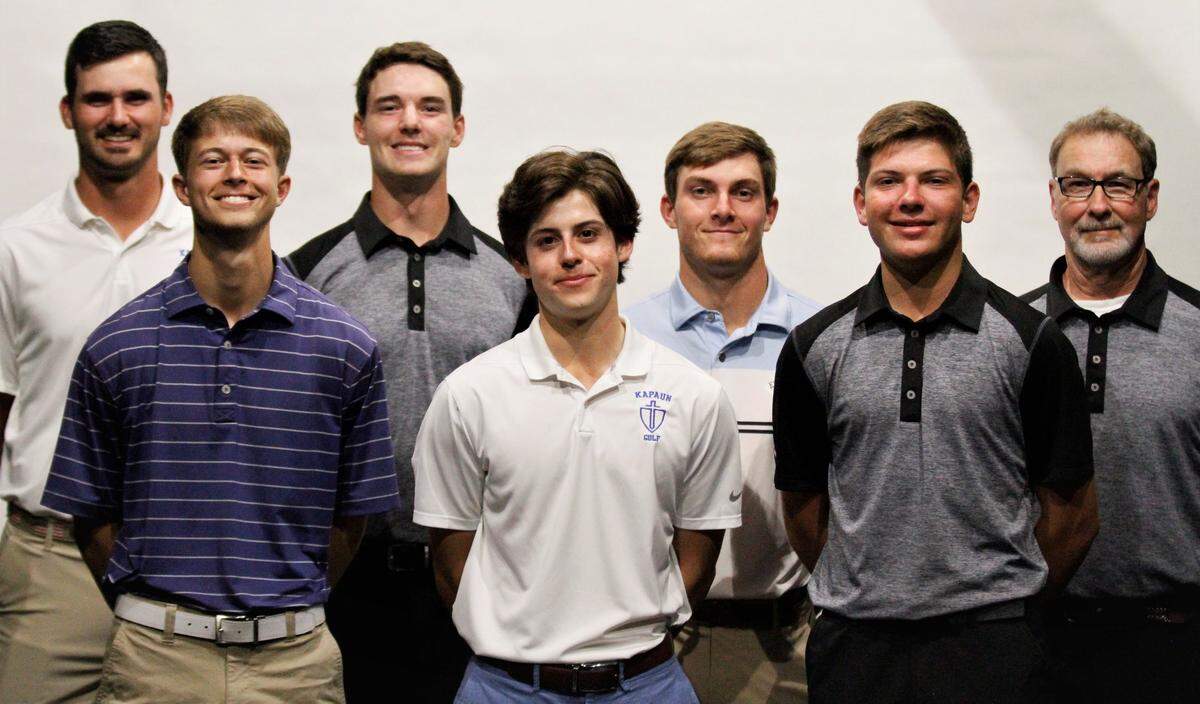 2019 All-Metro Boys Golf Team: (Back row) Jack Baker, Kapaun Mt. Carmel; Peyton Wilson, Andover Central; Tyler Trudo, Eisenhower; Doug Snyder, Andover Central, All-Metro Coach of the Year; (Front row) Caden Vanlandingham, Trinity Academy; Matthew Schrock, Kapaun Mt. Carmel; Cooper Schultz, Andover Central