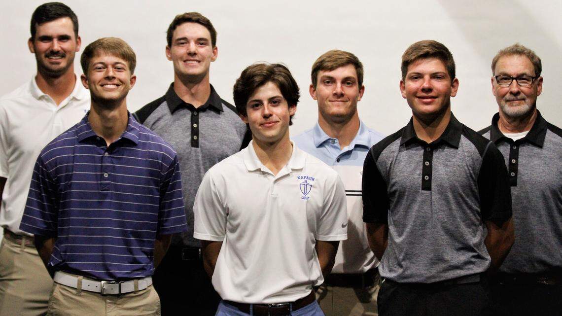 2019 All-Metro Boys Golf Team: (Back row) Jack Baker, Kapaun Mt. Carmel; Peyton Wilson, Andover Central; Tyler Trudo, Eisenhower; Doug Snyder, Andover Central, All-Metro Coach of the Year; (Front row) Caden Vanlandingham, Trinity Academy; Matthew Schrock, Kapaun Mt. Carmel; Cooper Schultz, Andover Central