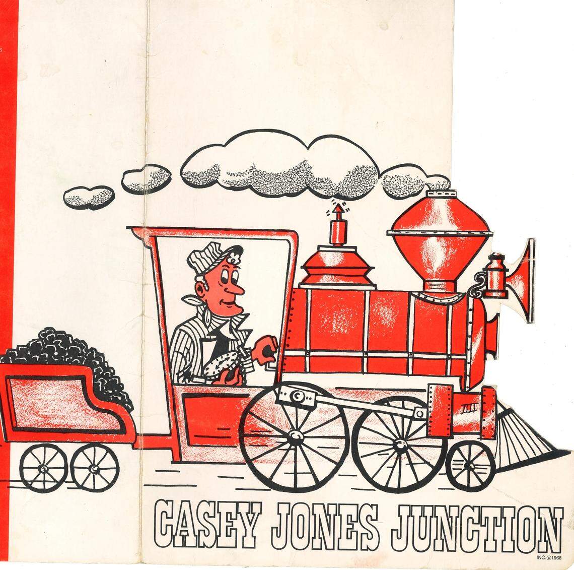 The cover of the menu from Casey Jones Junction, where kids could get a 35-cent “Tom Thumb” burger tha would be delivered to their seats via model train