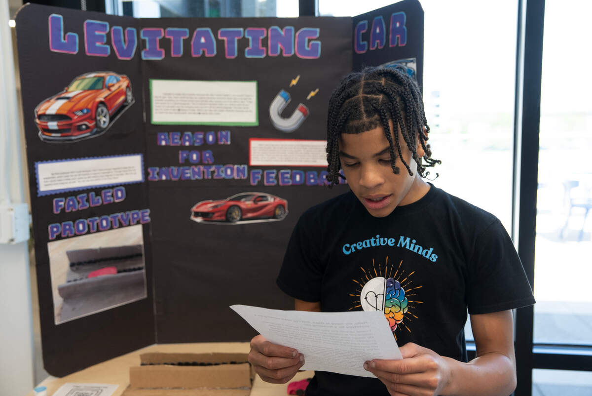 Gage Thomas delivers a presentation on his idea for a levitating car. The sixth-grader is a student at Creative Minds, a one-room schoolhouse with 16 students learning from one teacher.