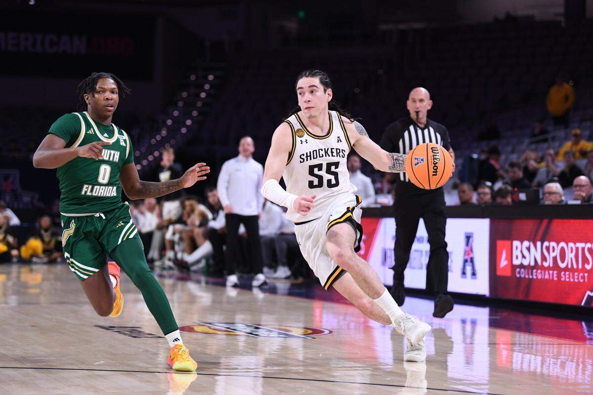 Wichita State senior point guard Bijan Cortes looks to attack in Thursday’s game against South Florida in the second round of the American Athletic Conference tournament at Dickies Arena.