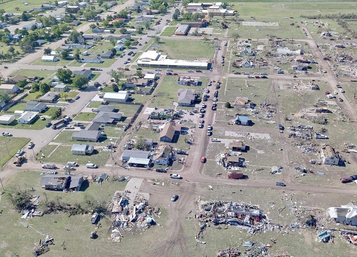 An aerial view of Grinnell after it was leveled by a tornado Sunday.