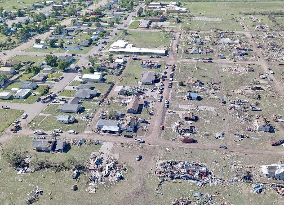 An aerial view of Grinnell after it was leveled by a tornado Sunday.