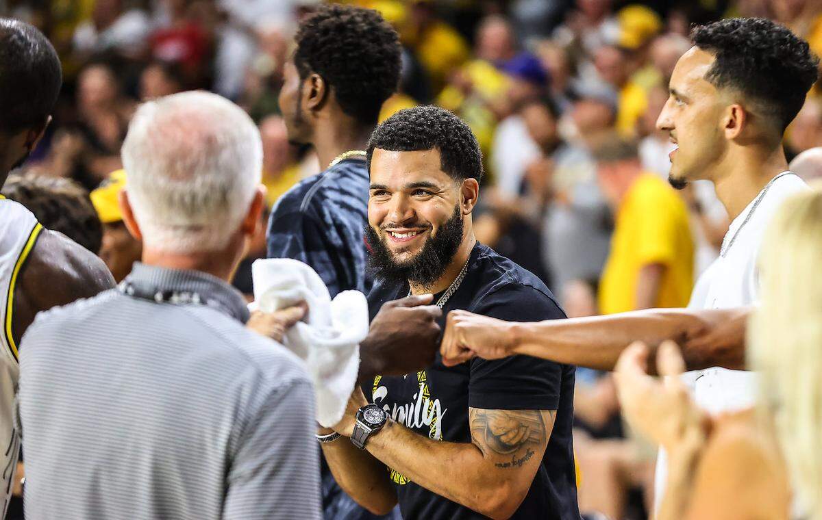 Fred VanVleet (center) and Landry Shamet (right) are the two current Shockers in the NBA and both made it a priority to be back in Wichita for the TBT games.