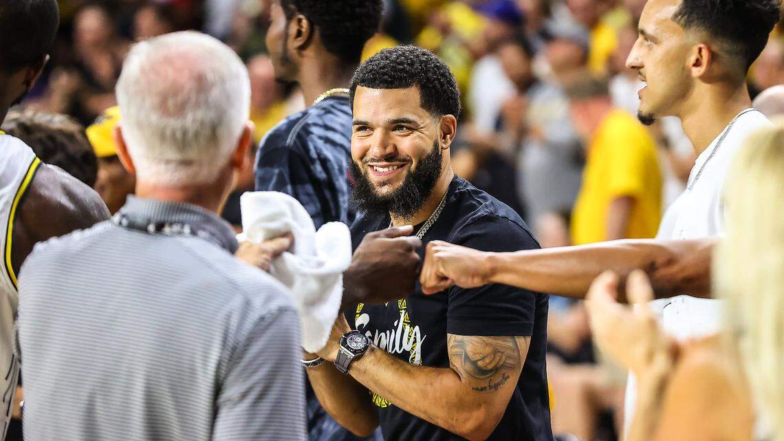 Fred VanVleet (center) earned his first NBA All-Star recognition on Thursday during an outstanding season with the Toronto Raptors.