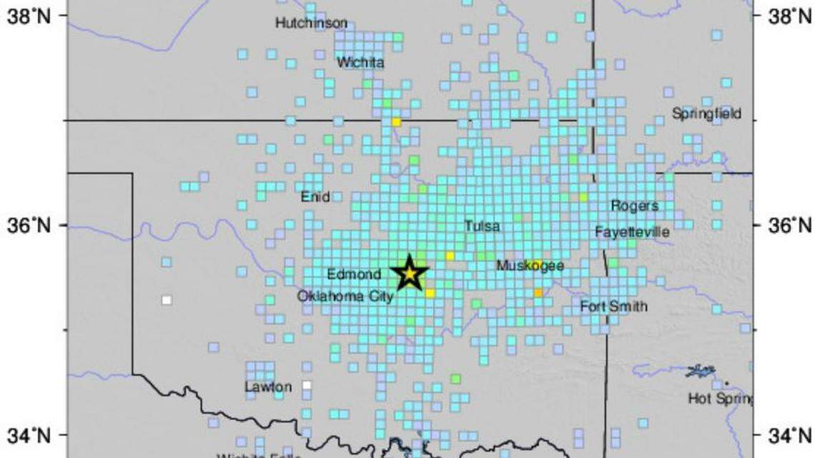 This map shows the location of Friday night’s earthquake and the area where it was reported felt by residents.